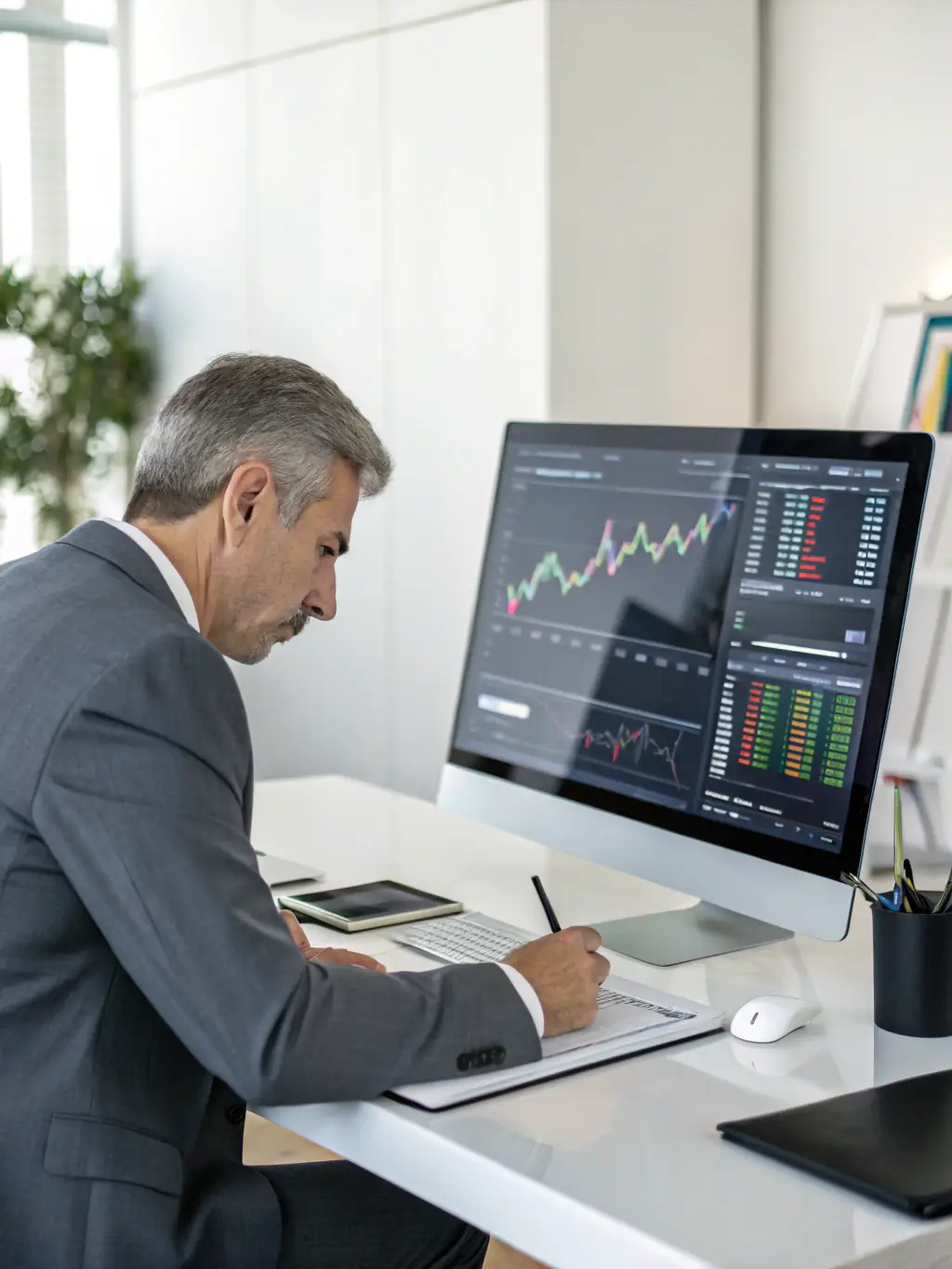 A professional businessman analyzing financial data on a computer screen, showcasing Finartea's advanced analytics capabilities.