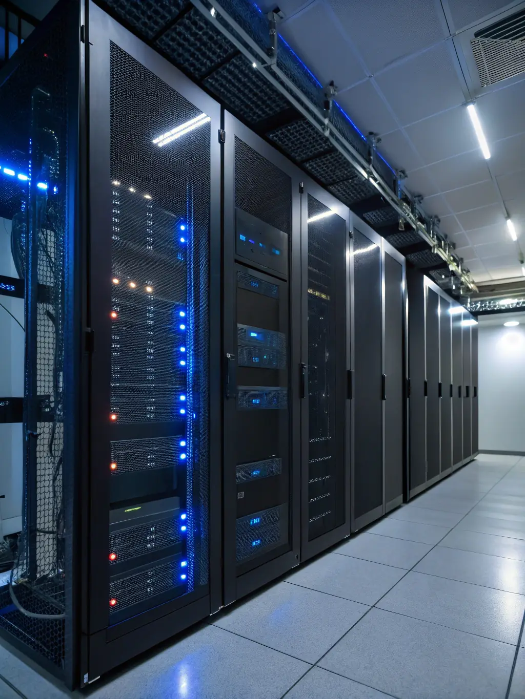 A secure server room with blinking lights, symbolizing Finartea's robust security measures and data protection.